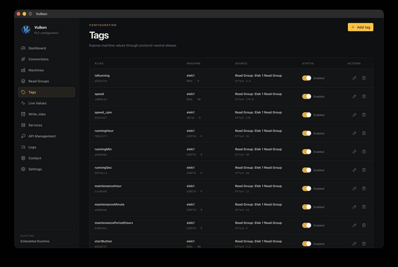 Real Vulken desktop screenshot showing tag aliases, machines, sources and enabled status.