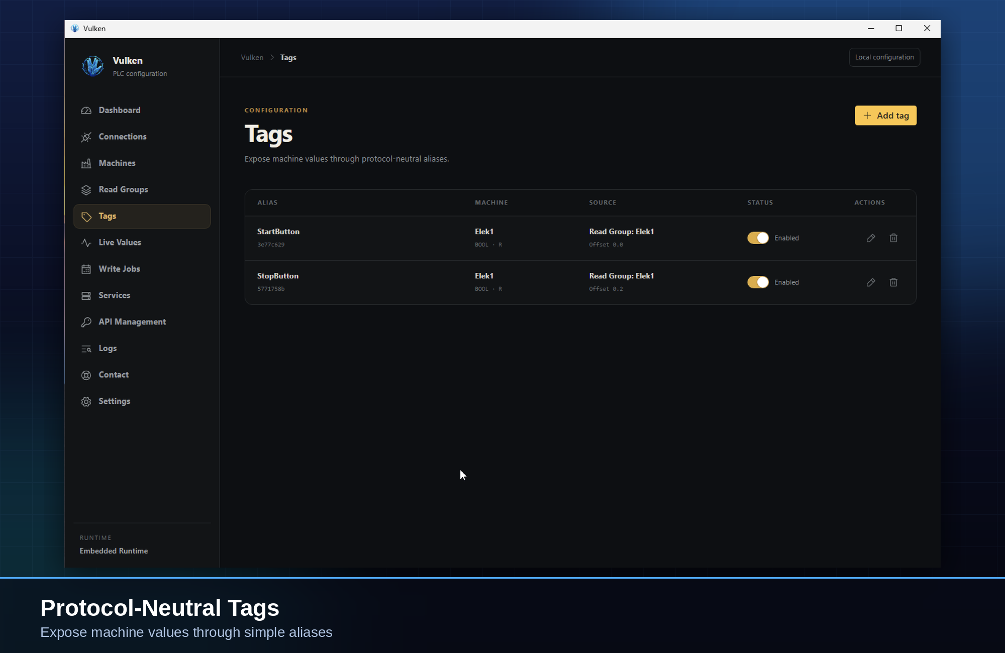 Actual Vulken English Tags screen showing aliases, machine assignments, read-group sources and enabled states.