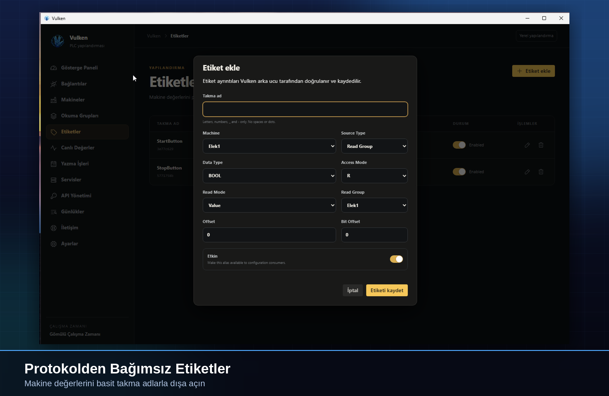 Gerçek Vulken Türkçe etiket yapılandırma ekranı: takma ad, kaynak, veri türü ve erişim modu alanları.