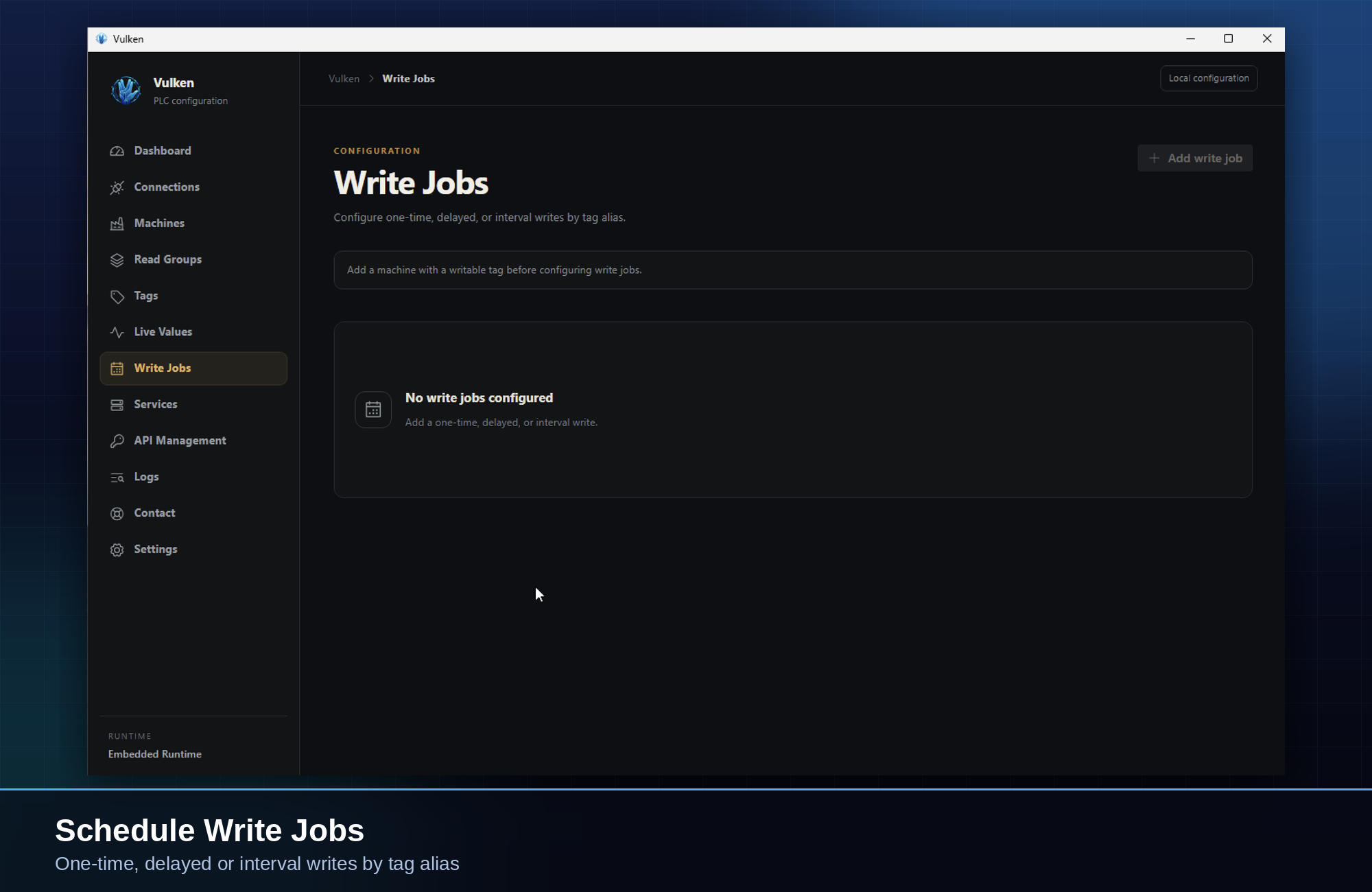 Actual Vulken English Write Jobs screen. Adding a job is unavailable until a writable tag is configured.
